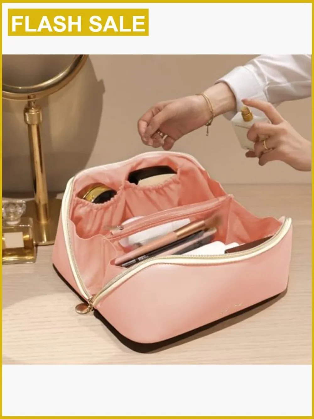 Large Waterproof Vegan Leather Cosmetic Bag with Clear Divider & Handle